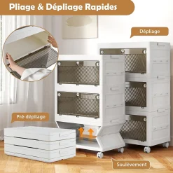 Boîte de Rangement Empliable Couvercle 126 L 168 L Tiroirs à 3 Modes Ouverture 3 Boîtes