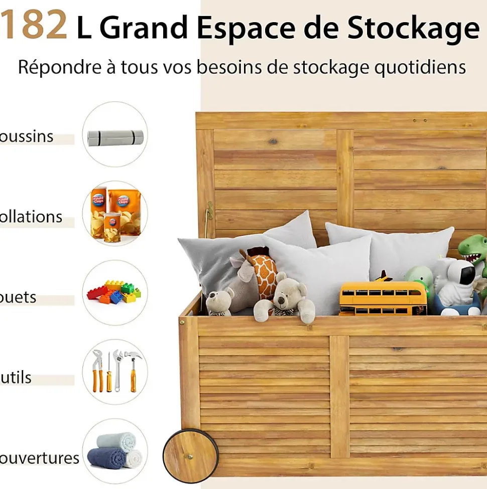 Boîte de Rangement 182L Roulant Coffre de Rangement en Bois Acacia à 2 Roues Poignée Latérale Housse Imperméable