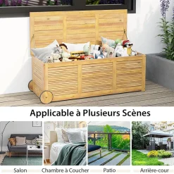Boîte de Rangement 182L Roulant Coffre de Rangement en Bois Acacia à 2 Roues Poignée Latérale Housse Imperméable