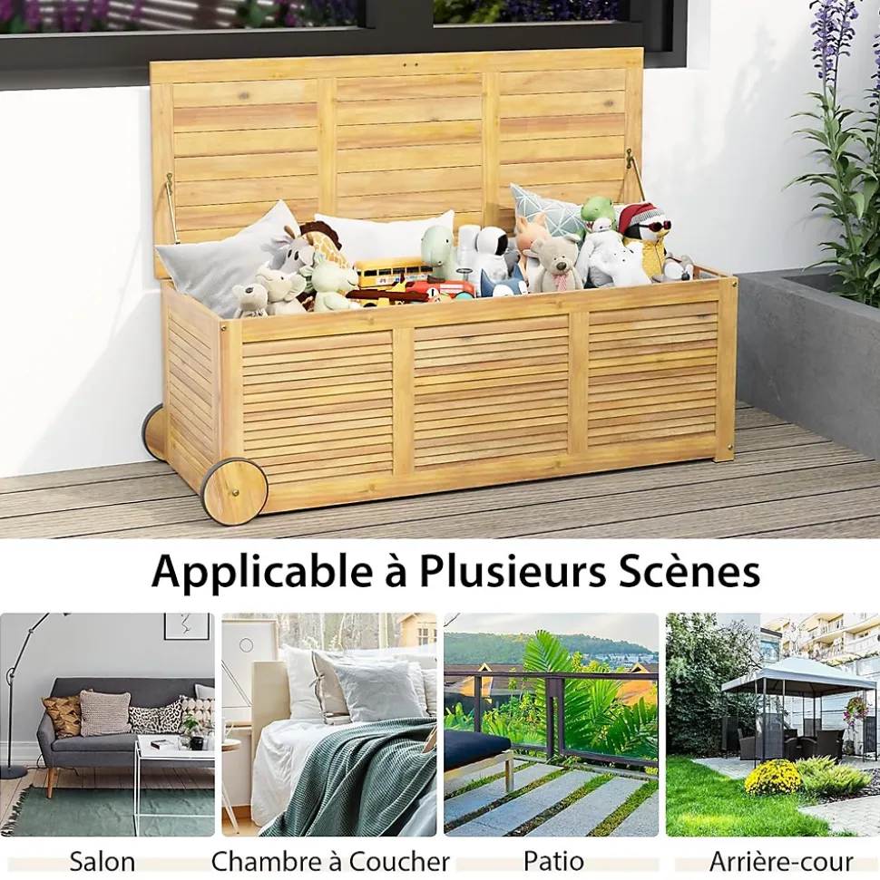 Boîte de Rangement 182L Roulant Coffre de Rangement en Bois Acacia à 2 Roues Poignée Latérale Housse Imperméable