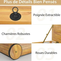 Boîte de Rangement 182L Roulant Coffre de Rangement en Bois Acacia à 2 Roues Poignée Latérale Housse Imperméable