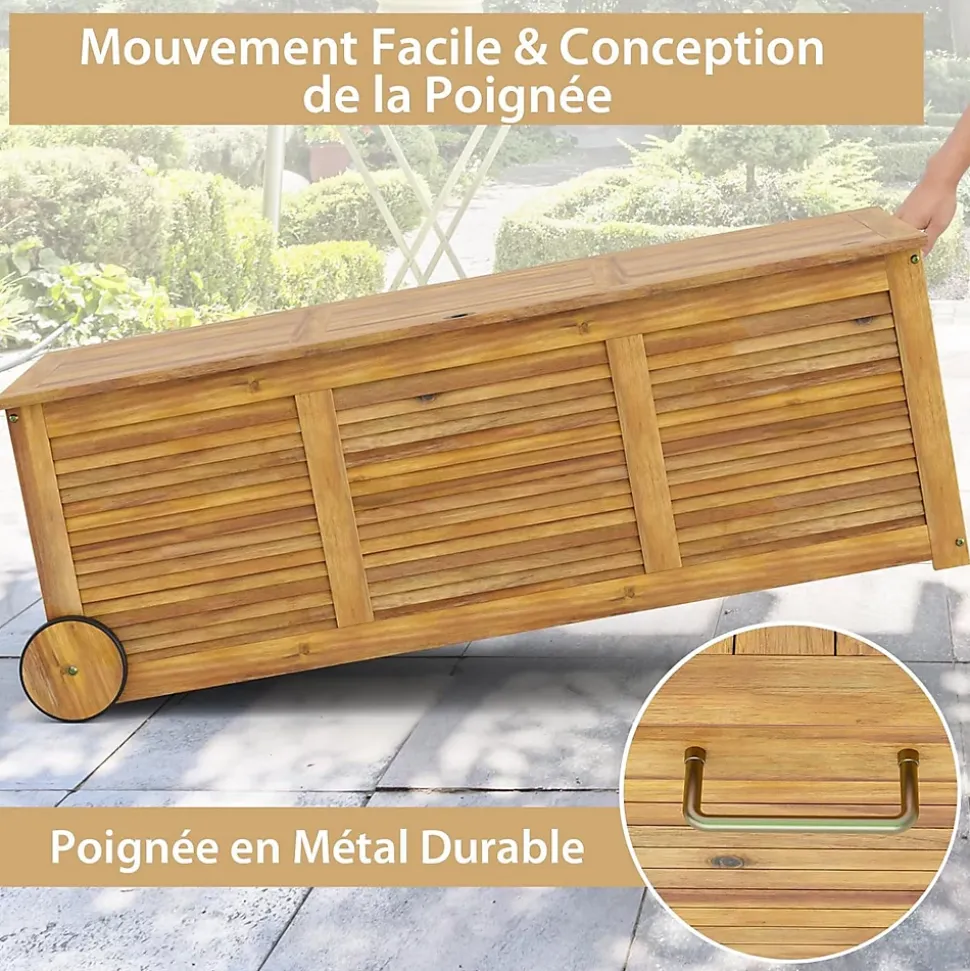 Boîte de Rangement 182L Roulant Coffre de Rangement en Bois Acacia à 2 Roues Poignée Latérale Housse Imperméable