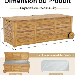 Boîte de Rangement 182L Roulant Coffre de Rangement en Bois Acacia à 2 Roues Poignée Latérale Housse Imperméable