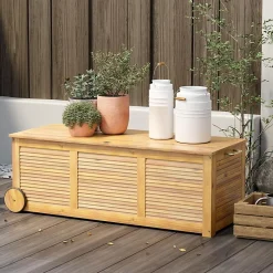 Boîte de Rangement 182L Roulant Coffre de Rangement en Bois Acacia à 2 Roues Poignée Latérale Housse Imperméable