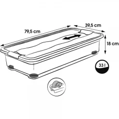 Boîte de rangement plate à roulettes 33 litres