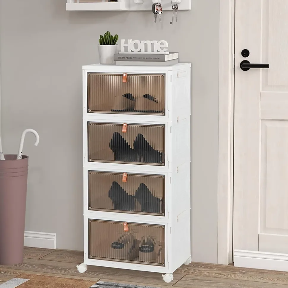 Boîtes de Rangement Empilables Mobile Lot de 4 Bacs avec Couvercle Portes Magnétiques Double Ouverture