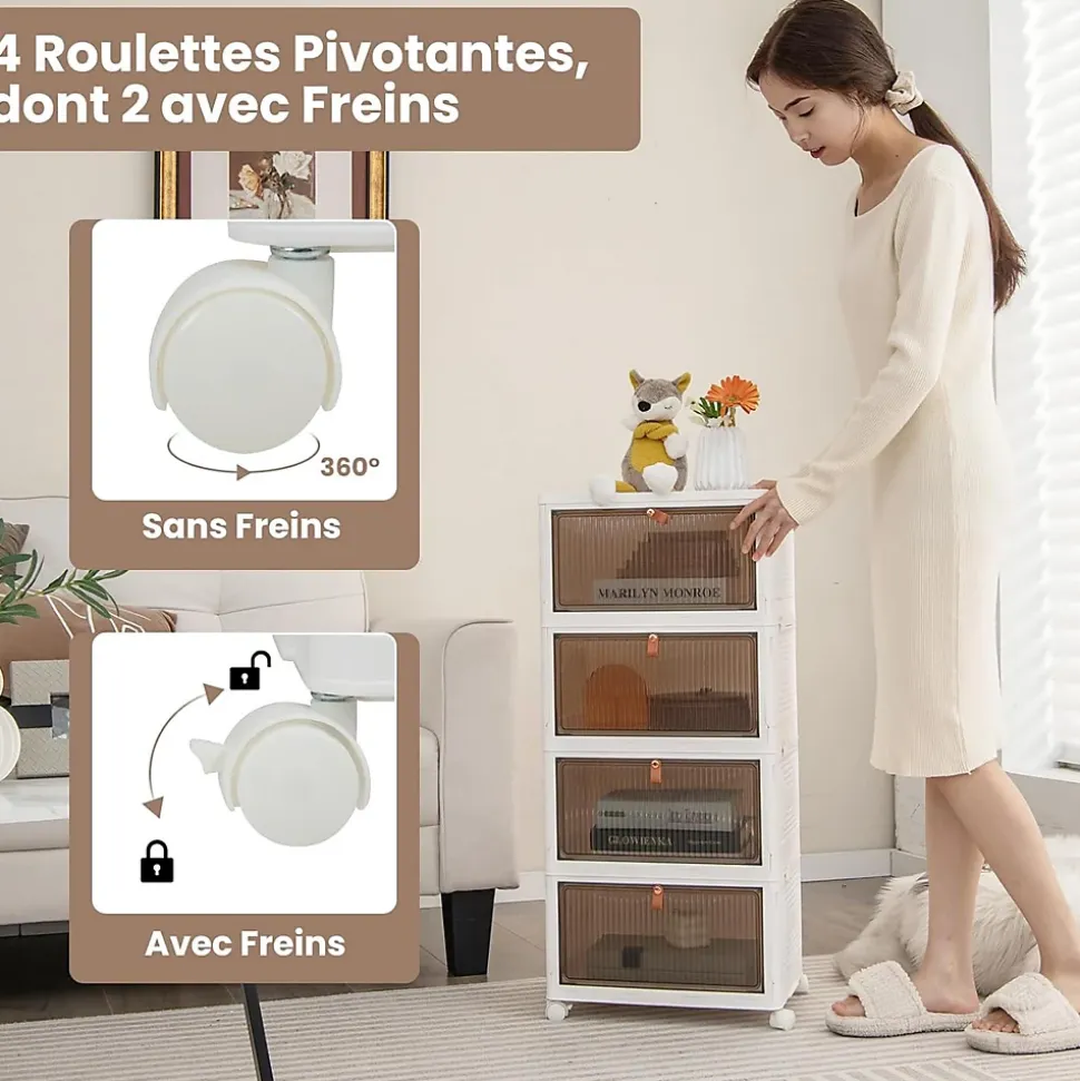 Boîtes de Rangement Empilables Mobile Lot de 4 Bacs avec Couvercle Portes Magnétiques Double Ouverture