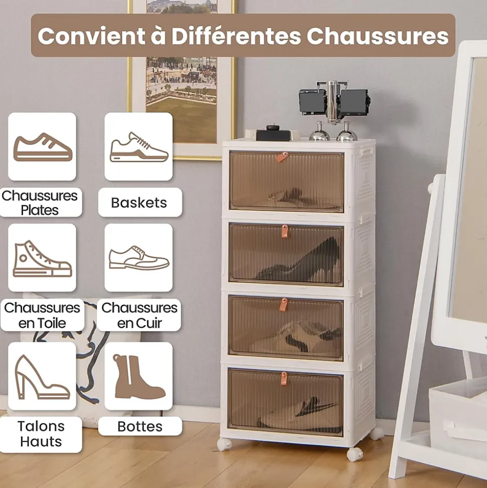Boîtes de Rangement Empilables Mobile Lot de 4 Bacs avec Couvercle Portes Magnétiques Double Ouverture