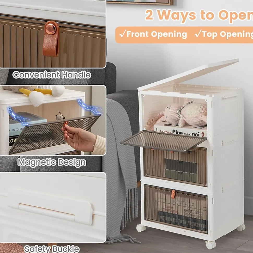Boîtes de Rangement Empilables Mobile Lot de 3 Bacs avec Couvercle Portes Magnétiques Double Ouverture