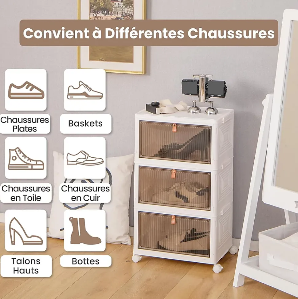 Boîtes de Rangement Empilables Mobile Lot de 3 Bacs avec Couvercle Portes Magnétiques Double Ouverture
