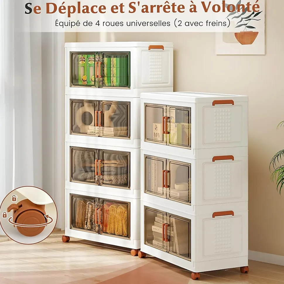 Boîtes de Rangement en Plastique, 280L avec Couvercles, Roues, Portes Avant, Poignées , pour Maison, Bureau (68.5(L),4 Niveaux)