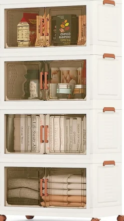 Boîtes de Rangement en Plastique, 280L avec Couvercles, Roues, Portes Avant, Poignées , pour Maison, Bureau (68.5(L),4 Niveaux)
