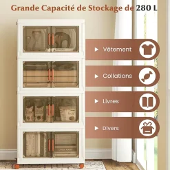 Boîtes de Rangement en Plastique, 280L avec Couvercles, Roues, Portes Avant, Poignées , pour Maison, Bureau (68.5(L),4 Niveaux)