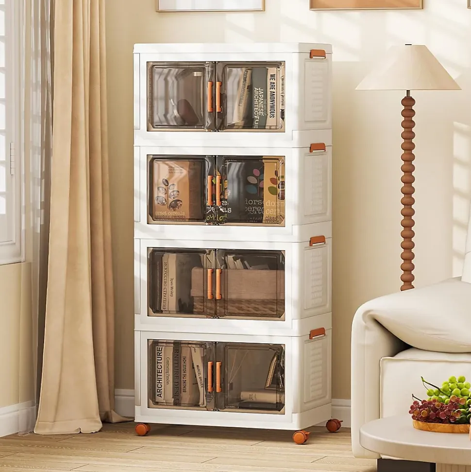 Boîtes de Rangement en Plastique, 208L avec Couvercles, Roues, Portes Avant, Poignées, pour Maison, Bureau (62.5(L),4 Niveaux)