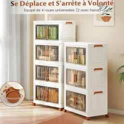 Boîtes de Rangement en Plastique, 208L avec Couvercles, Roues, Portes Avant, Poignées, pour Maison, Bureau (62.5(L),4 Niveaux)