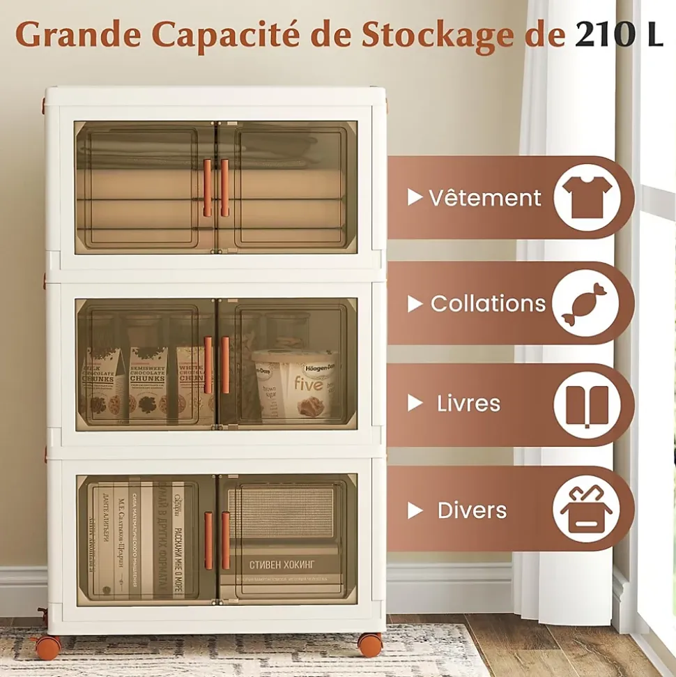 Boîtes de Rangement en Plastique,avec Couvercles, Roues, Portes Avant, Poignées, pour Maison, Bureau (68.5(L),3 Niveaux)
