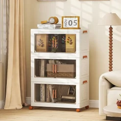 Boîtes de Rangement en Plastique,avec Couvercles, Roues, Portes Avant, Poignées, pour Maison, Bureau (68.5(L),3 Niveaux)