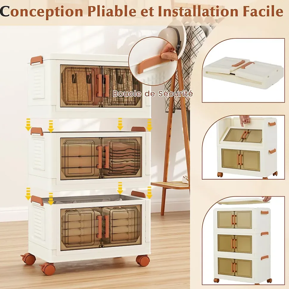 Boîtes de Rangement en Plastique,avec Couvercles, Roues, Portes Avant, Poignées, pour Maison, Bureau (68.5(L),3 Niveaux)