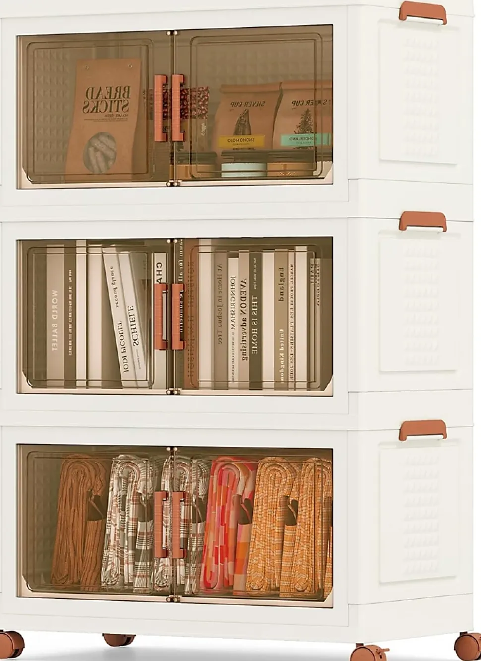 Boîtes de Rangement en Plastique,avec Couvercles, Roues, Portes Avant, Poignées, pour Maison, Bureau (68.5(L),3 Niveaux)