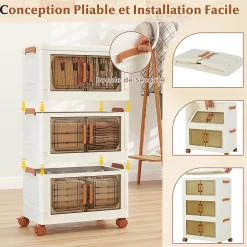 Boîtes de Rangement en Plastique, 57L avec Couvercles, Roues , Portes Avant, Poignées , pour Maison, Bureau (43.5(L),3 Niveaux)