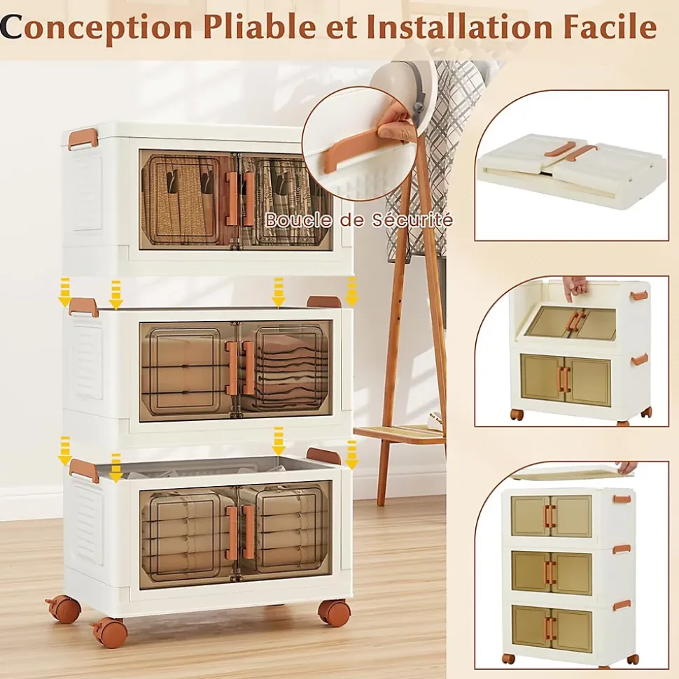 Boîtes de Rangement en Plastique, 57L avec Couvercles, Roues , Portes Avant, Poignées , pour Maison, Bureau (43.5(L),3 Niveaux)