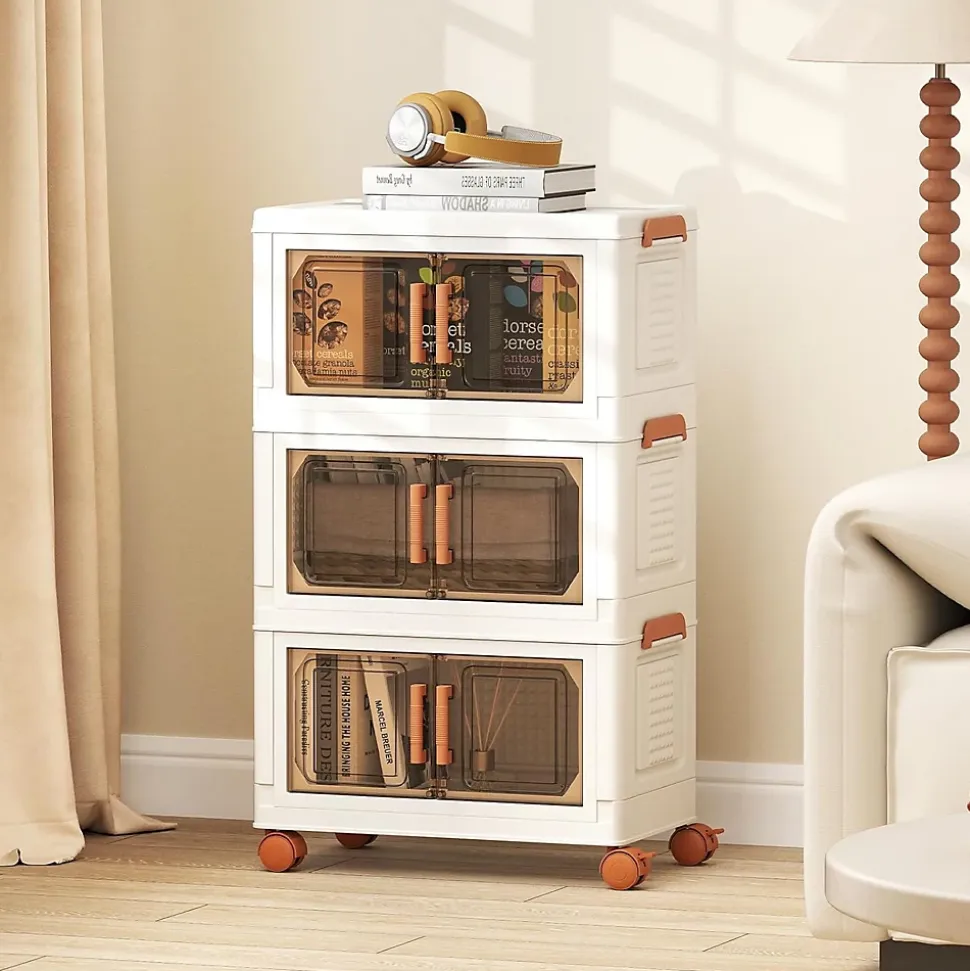 Boîtes de Rangement en Plastique, 57L avec Couvercles, Roues , Portes Avant, Poignées , pour Maison, Bureau (43.5(L),3 Niveaux)