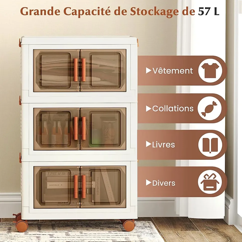 Boîtes de Rangement en Plastique, 57L avec Couvercles, Roues , Portes Avant, Poignées , pour Maison, Bureau (43.5(L),3 Niveaux)