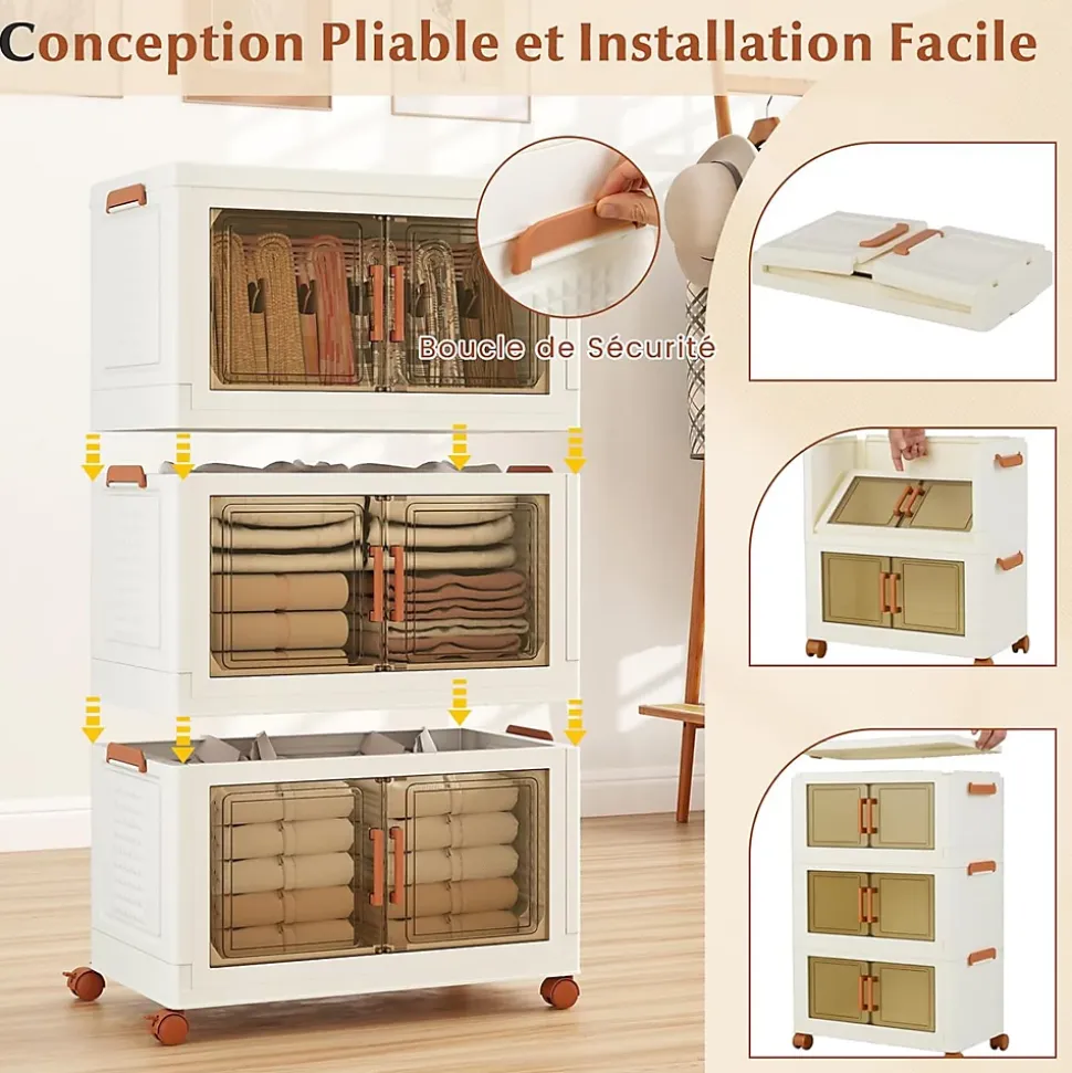 Boîtes de Rangement en Plastique,156L avec Couvercles, Roues, Portes Avant, Poignées, pour Maison, Bureau (62.5(L),3 Niveaux)
