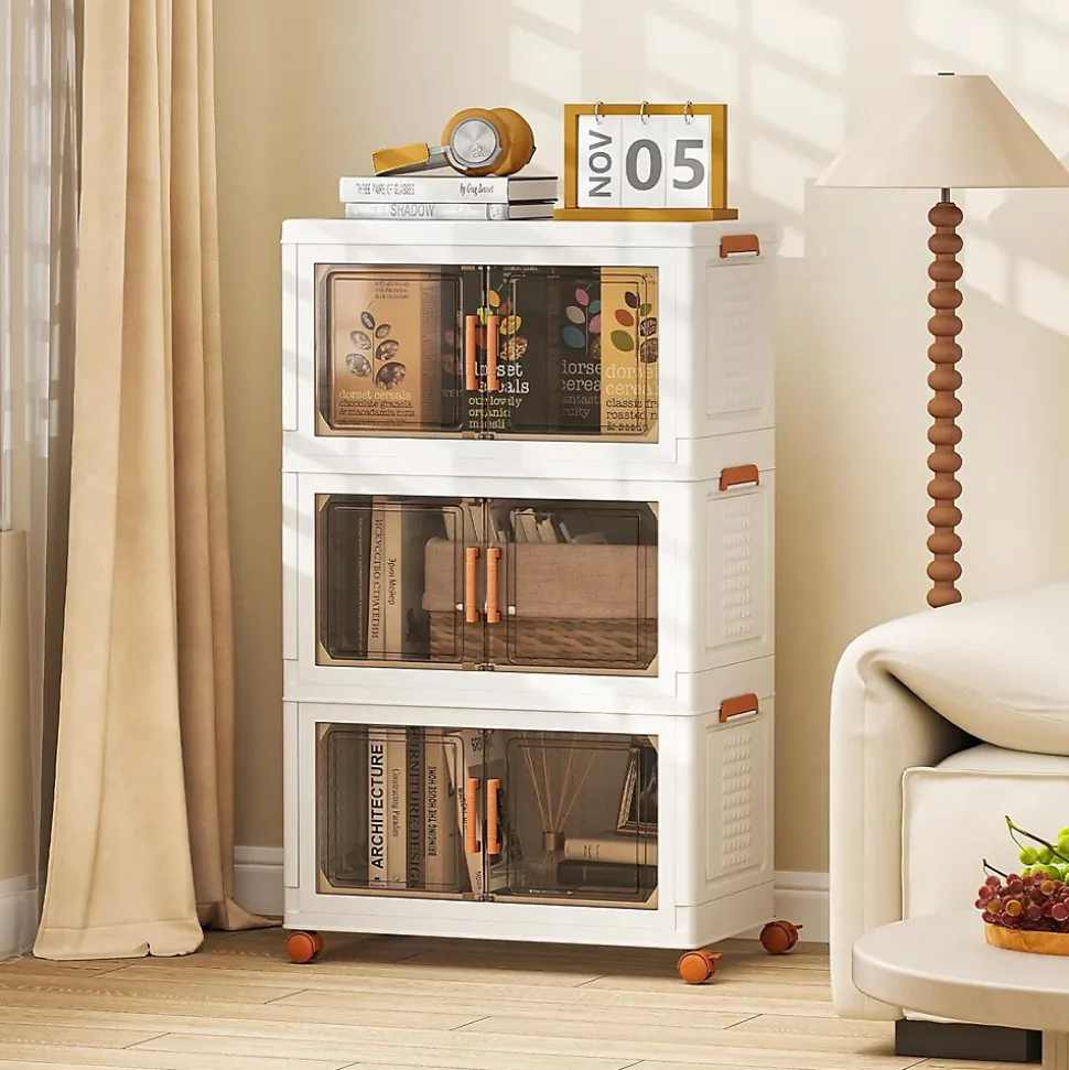 Boîtes de Rangement en Plastique,156L avec Couvercles, Roues, Portes Avant, Poignées, pour Maison, Bureau (62.5(L),3 Niveaux)