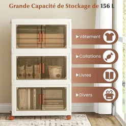 Boîtes de Rangement en Plastique,156L avec Couvercles, Roues, Portes Avant, Poignées, pour Maison, Bureau (62.5(L),3 Niveaux)