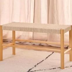 Bout de lit en bois et assise tressée L80 - THEO