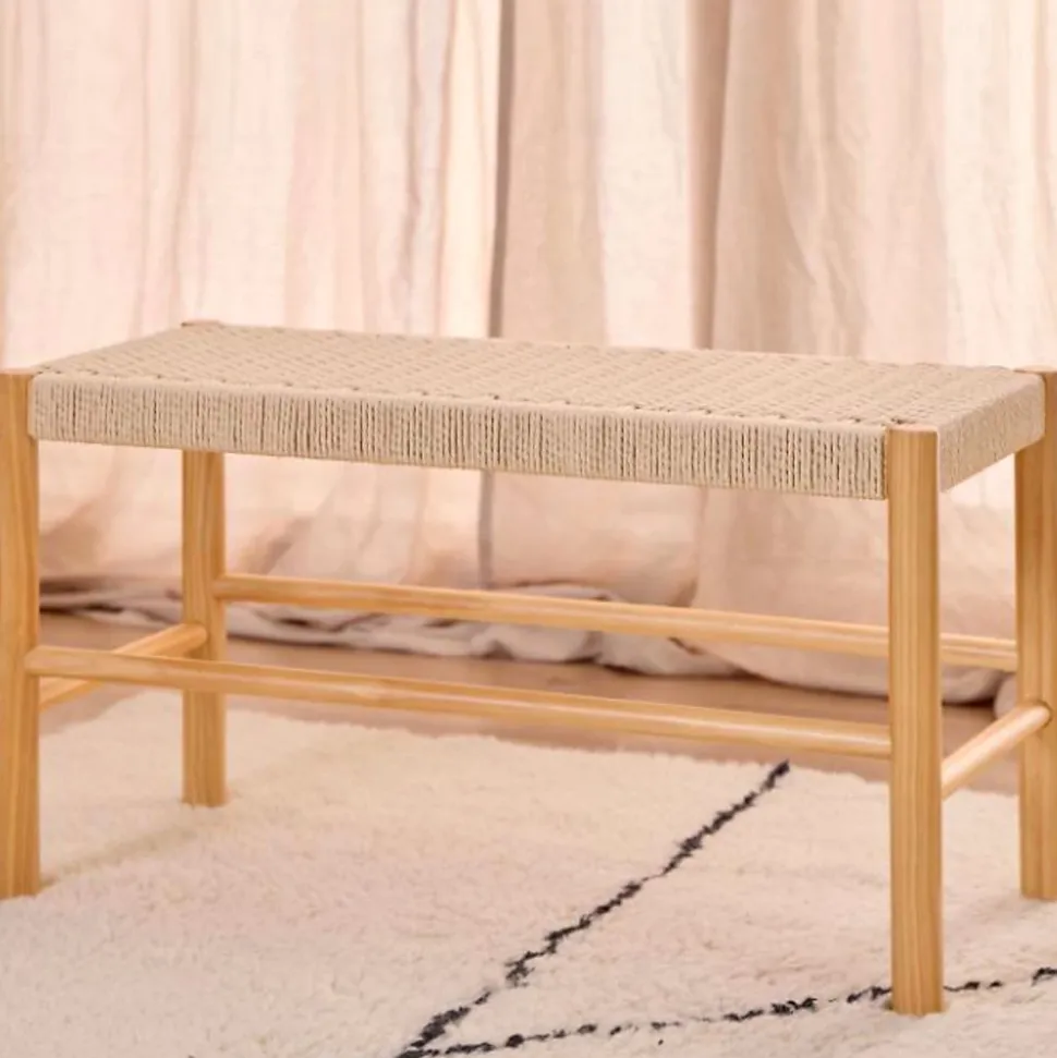 Bout de lit en bois et assise tressée L80 - THEO
