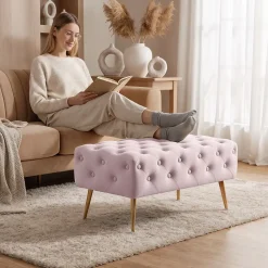 Bout de lit en velours capitonné 80 cm MADRID Rose Poudré