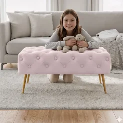 Bout de lit en velours capitonné 80 cm MADRID Rose Poudré