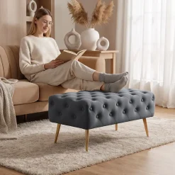 Bout de lit en velours capitonné 80 cm MADRID Gris Foncé