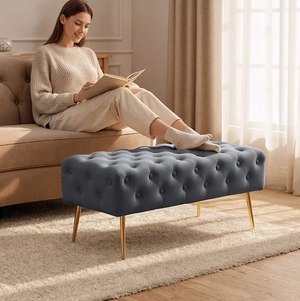 Bout de lit en velours capitonné 100 cm MONACO Gris Foncé