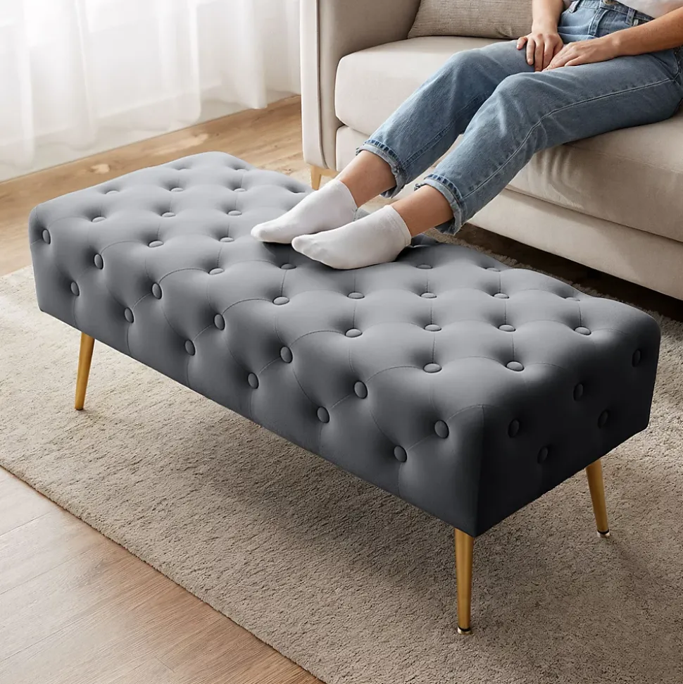 Bout de lit en velours capitonné 100 cm MONACO Gris Foncé