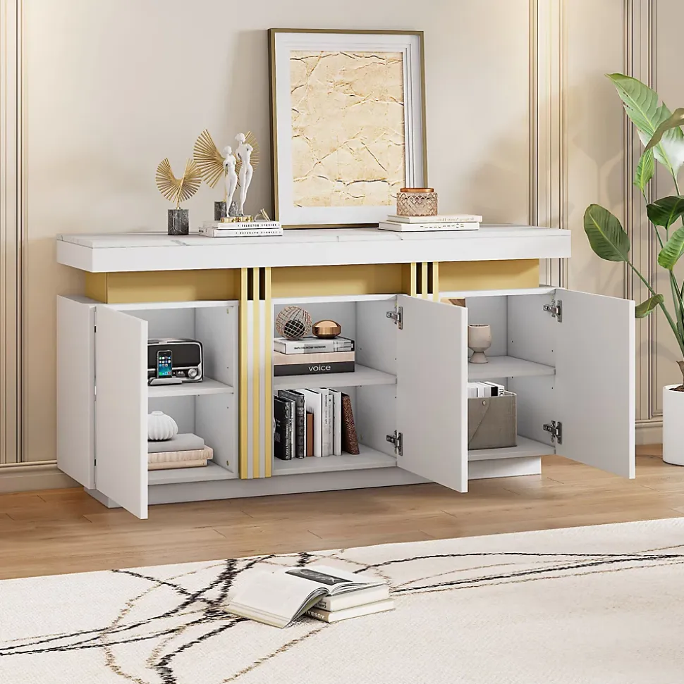 Buffet - 3 Placards et 6 Compartiments avec Séparateurs - Panneau de Particules - 140 x 38 x 70 cm - Blanc Effet Marbre Platine