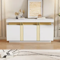 Buffet - 3 Placards et 6 Compartiments avec Séparateurs - Panneau de Particules - 140 x 38 x 70 cm - Blanc Effet Marbre Platine