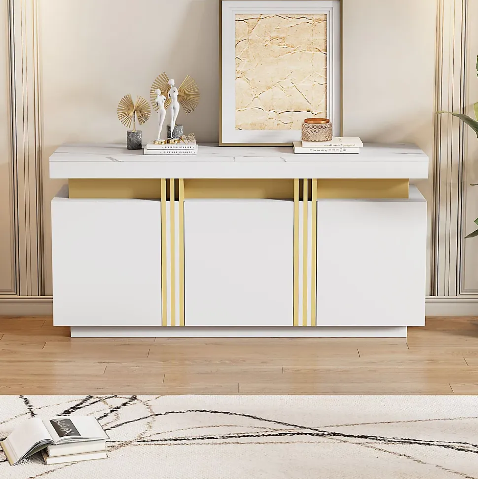 Buffet - 3 Placards et 6 Compartiments avec Séparateurs - Panneau de Particules - 140 x 38 x 70 cm - Blanc Effet Marbre Platine