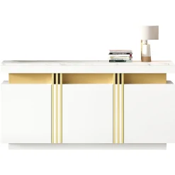 Buffet - 3 Placards et 6 Compartiments avec Séparateurs - Panneau de Particules - 140 x 38 x 70 cm - Blanc Effet Marbre Platine