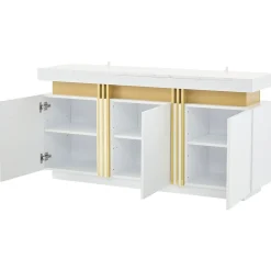 Buffet - 3 Placards et 6 Compartiments avec Séparateurs - Panneau de Particules - 140 x 38 x 70 cm - Blanc Effet Marbre Platine