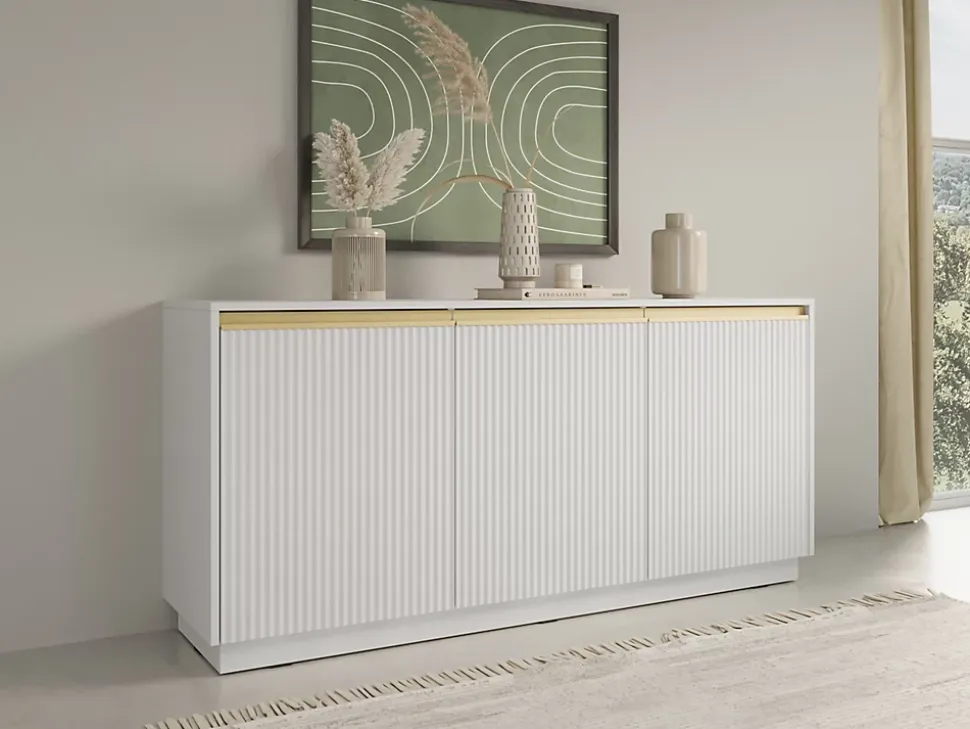 Buffet : 3 Portes, 6 Étagères, Blanc Mat, 153,4 Cm X 71,6 Cm X 39 Cm