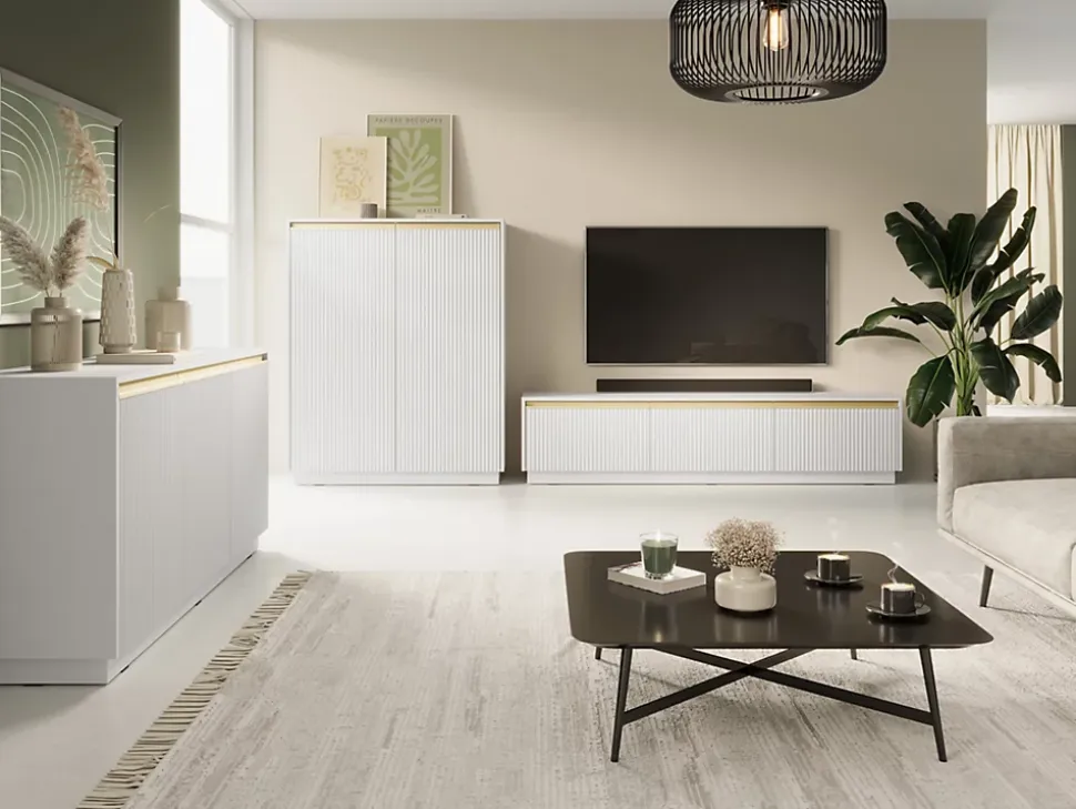 Buffet : 3 Portes, 6 Étagères, Blanc Mat, 153,4 Cm X 71,6 Cm X 39 Cm