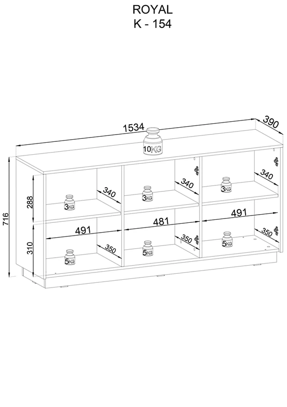 Buffet : 3 Portes, 6 Étagères, Blanc Mat, 153,4 Cm X 71,6 Cm X 39 Cm