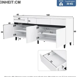 Buffet - Buffet de Cuisine Bar avec 4 Tiroirs et 2 Portes, Étagères Réglables, Spanplatte, Blanc, 160x40x68 cm