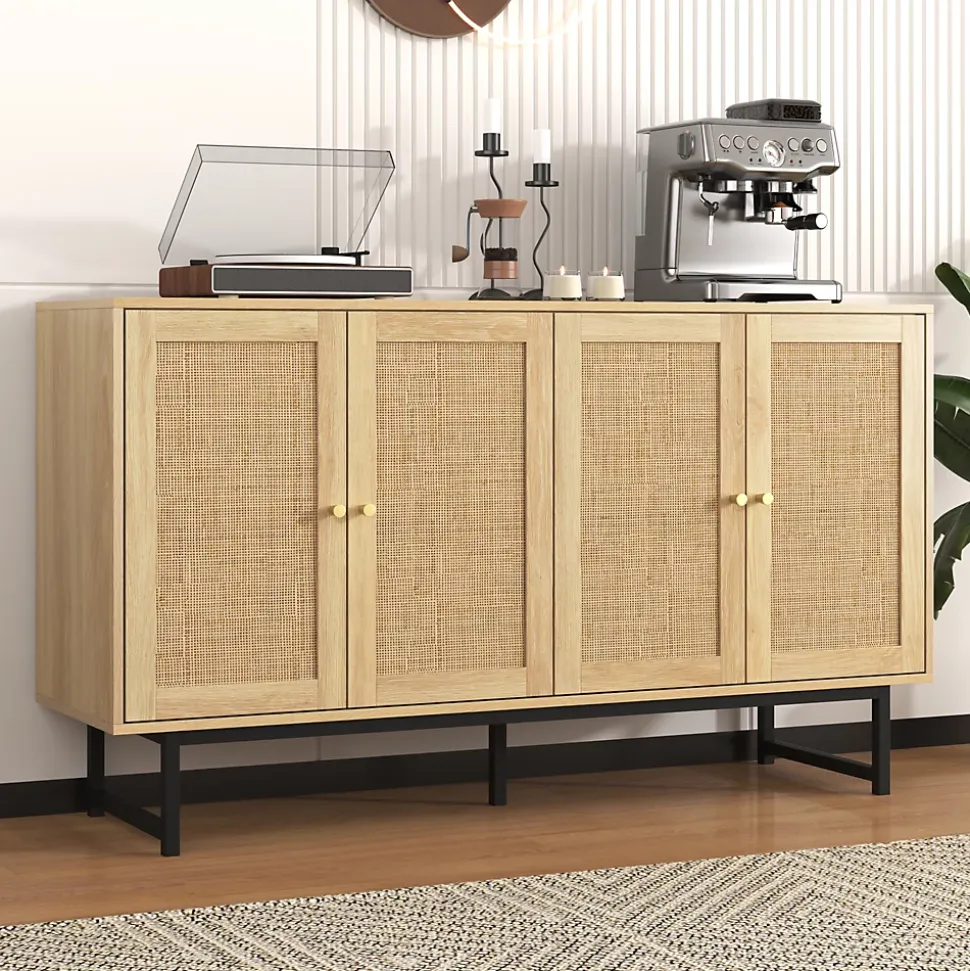 Buffet - Buffet en Bois avec 4 Portes en Rotin, Bahut de Rangement pour Salle à Manger Moderne, 140x39,5x80 cm, Couleur du Bois