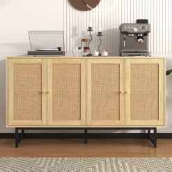 Buffet - Buffet en Bois avec 4 Portes en Rotin, Bahut de Rangement pour Salle à Manger Moderne, 140x39,5x80 cm, Couleur du Bois