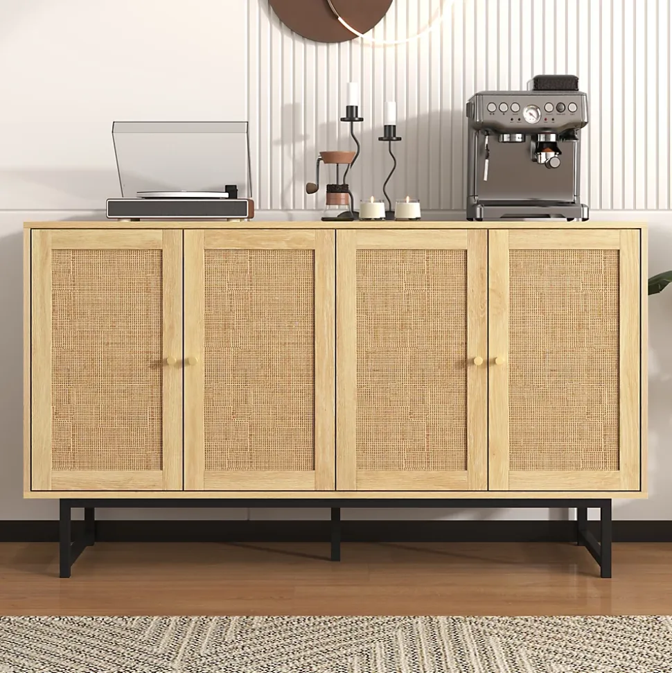 Buffet - Buffet en Bois avec 4 Portes en Rotin, Bahut de Rangement pour Salle à Manger Moderne, 140x39,5x80 cm, Couleur du Bois