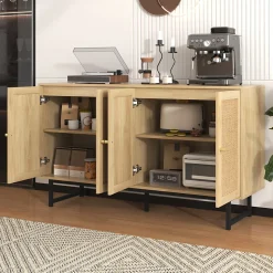 Buffet - Buffet en Bois avec 4 Portes en Rotin, Bahut de Rangement pour Salle à Manger Moderne, 140x39,5x80 cm, Couleur du Bois